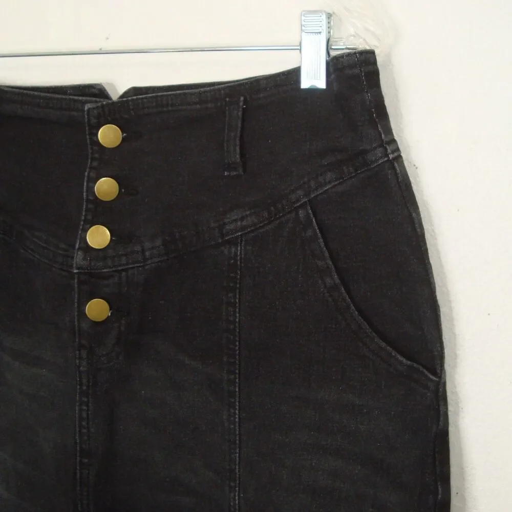 CHARTOU Black Denim Maxi Skirt ButtonFly Size XL Retro A-Line Y2K/90s Distressed